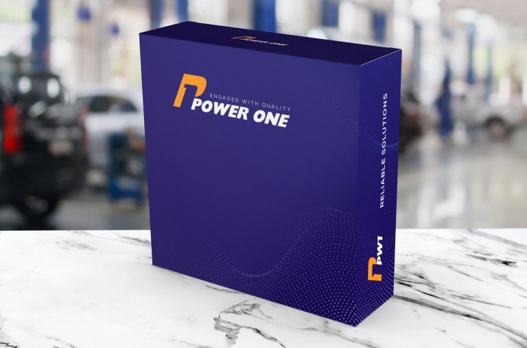 جعبه لوازم یدکی شرکت پاور وان با طراحی خلاقانه و لوگوی برجسته [Power One Spare Parts Box with Creative Design and Prominent Logo] (This alt text highlights the client's name, the product's purpose, and the design aspect)