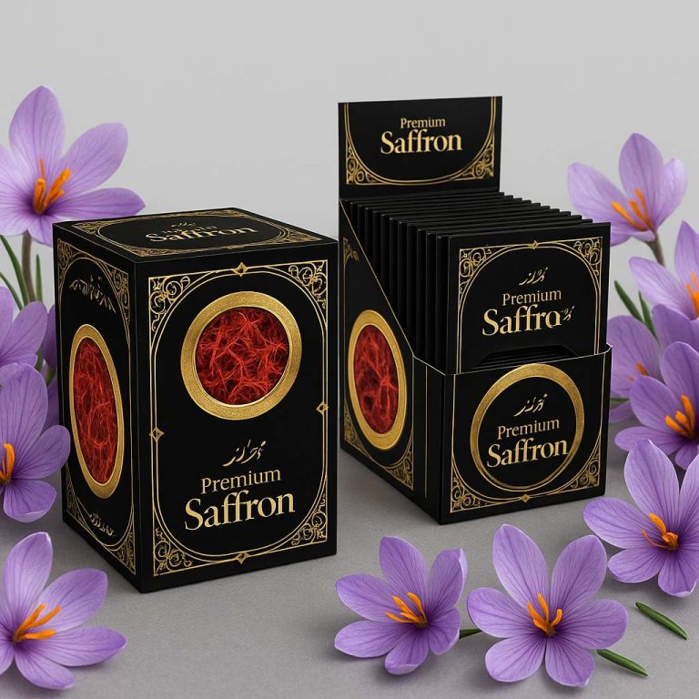 طراحی پاکت صادراتی زعفران برای محصولات غذایی و خانگی حسامی - جعبه سازی نگاره نفیس